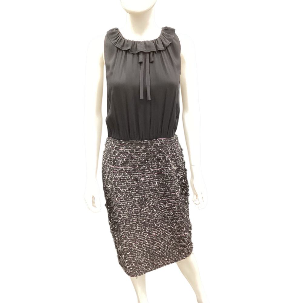 St.John Women’s Dress SZ 8 Silk/ Boucle Fine Knit Bottom Sleeveless Black Silver